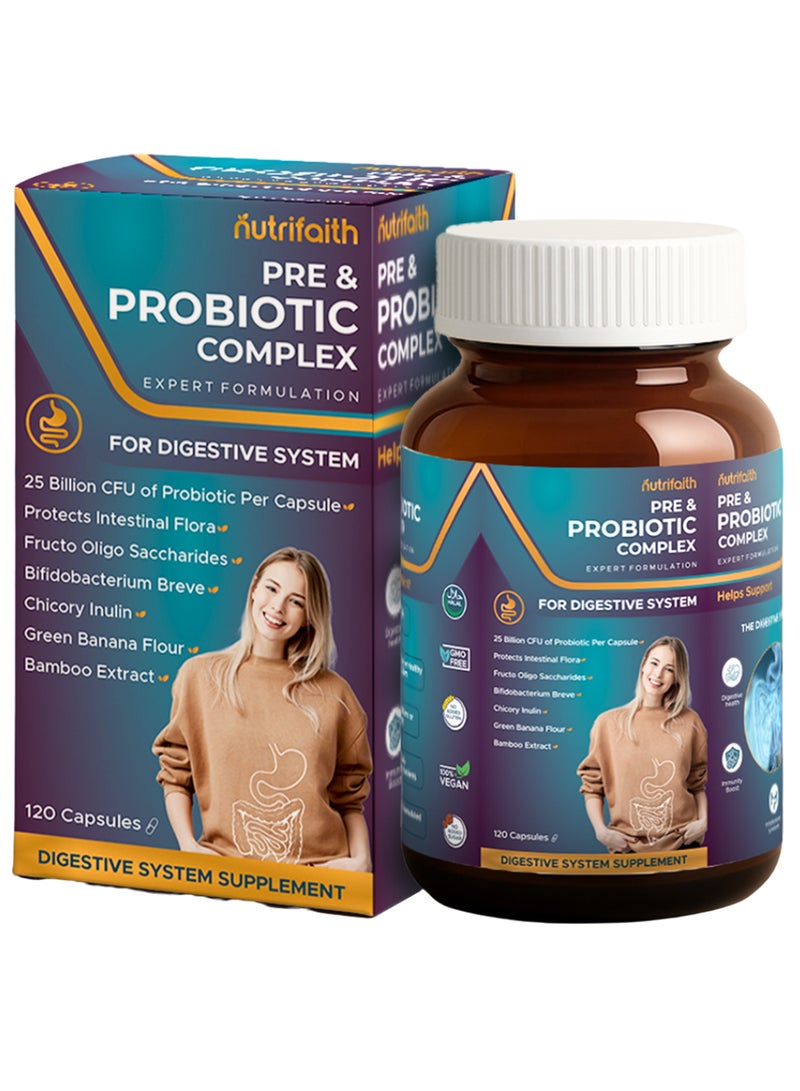 Nutrifaith Pre & Probiotic Complex – Digestive Health & Gut Flora Support Capsules – 120 Capsules - Image 1