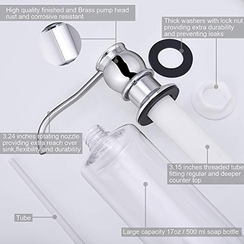 Samodra Kitchen Sink Soap/Lotion Dispenser, Brass Pump Head Chrome Finish 12 OZ Bottle Built in Design Refill from The Top for Granite Thick Deck Installs - Image 3