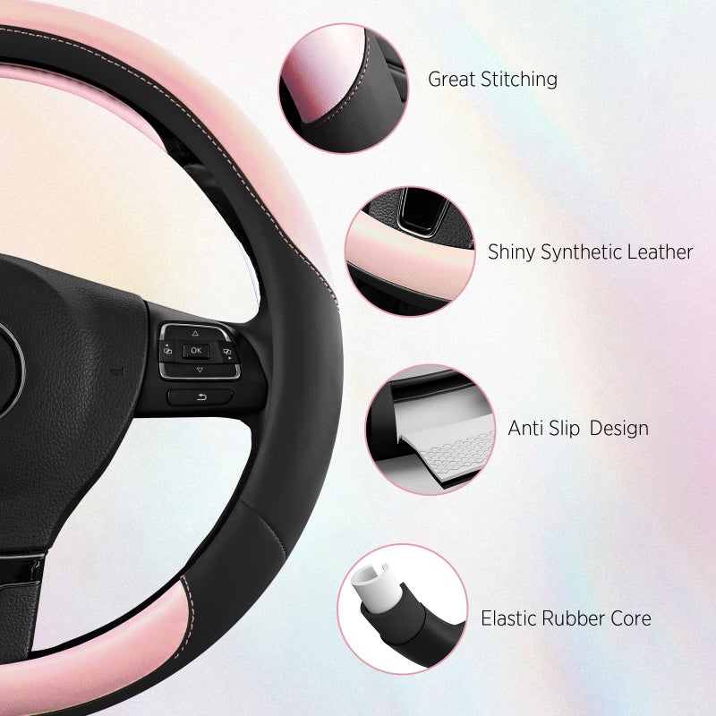 Road Comforts Steering Wheel Cover â€“ Breathable Leather Steering Wheel Cover, Anti-Slip Grip, Universal Fit 14.5â€ to 15â€, Heat & Cold Resistant for Cars, SUVs, and Trucks â€“ Black & Shining Pink - Image 5