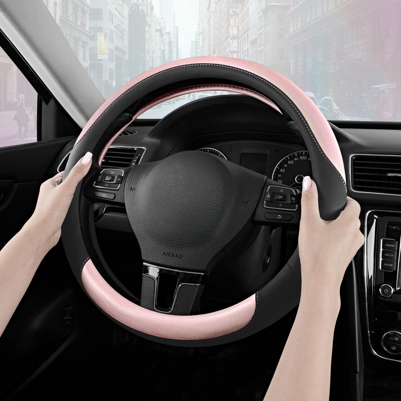 Road Comforts Steering Wheel Cover â€“ Breathable Leather Steering Wheel Cover, Anti-Slip Grip, Universal Fit 14.5â€ to 15â€, Heat & Cold Resistant for Cars, SUVs, and Trucks â€“ Black & Shining Pink - Image 4