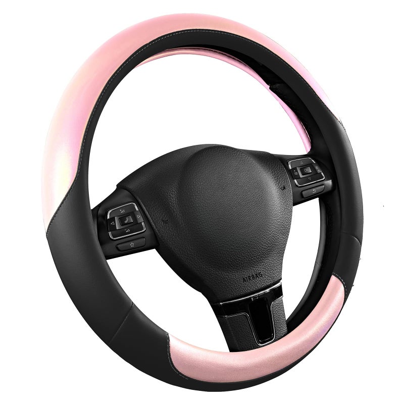 Road Comforts Steering Wheel Cover â€“ Breathable Leather Steering Wheel Cover, Anti-Slip Grip, Universal Fit 14.5â€ to 15â€, Heat & Cold Resistant for Cars, SUVs, and Trucks â€“ Black & Shining Pink - Image 2