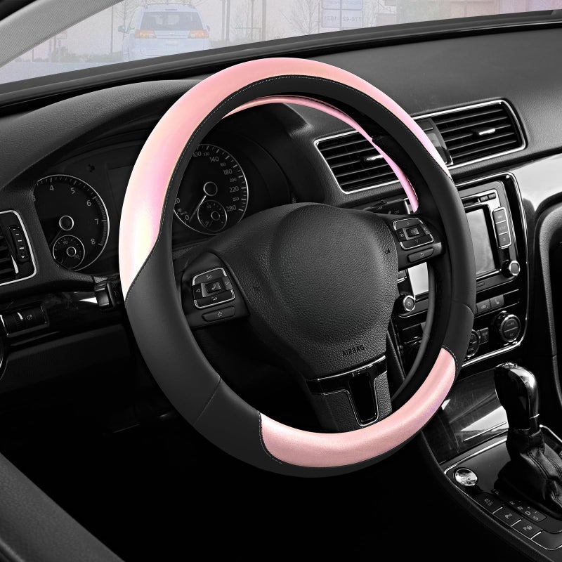 Road Comforts Steering Wheel Cover â€“ Breathable Leather Steering Wheel Cover, Anti-Slip Grip, Universal Fit 14.5â€ to 15â€, Heat & Cold Resistant for Cars, SUVs, and Trucks â€“ Black & Shining Pink - Image 1