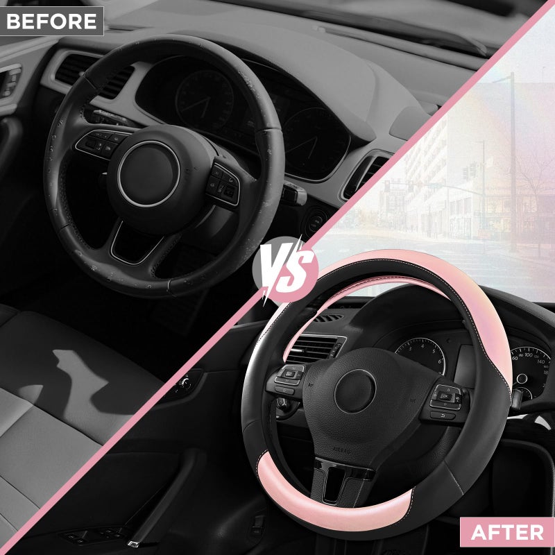 Road Comforts Steering Wheel Cover â€“ Breathable Leather Steering Wheel Cover, Anti-Slip Grip, Universal Fit 14.5â€ to 15â€, Heat & Cold Resistant for Cars, SUVs, and Trucks â€“ Black & Shining Pink - Image 3