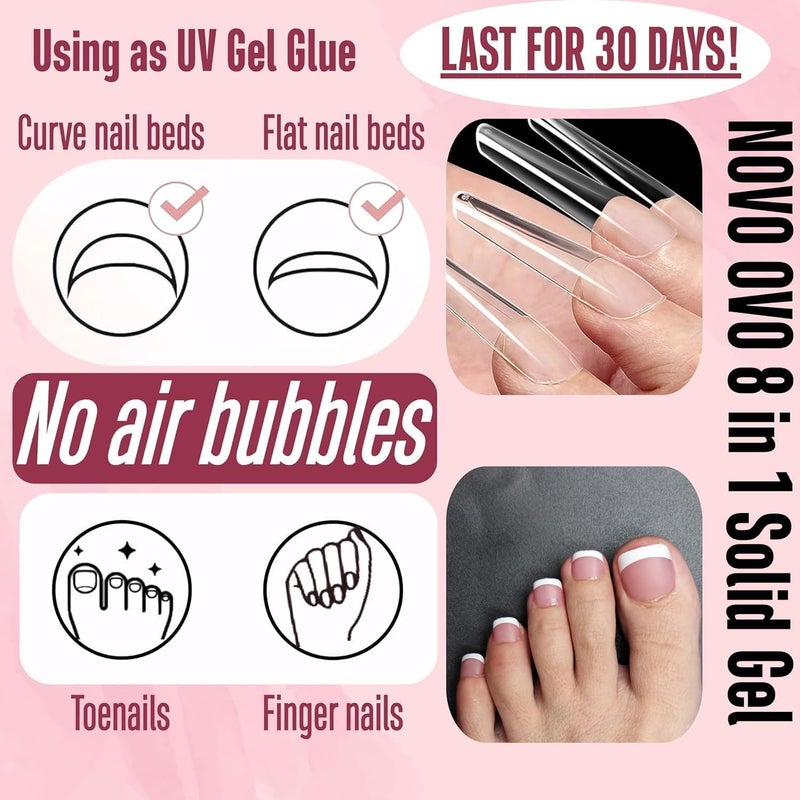 NOVO OVO Non-Sticky Solid Nail UV Gel Glue for Press on and Soft Gel x False Nail Tips 8 in 1, Strong & Long Lasting Nail Glue, Upgrade 3D Gel for Acrylic Sculpture & Decoration, UV Light Cured 30ml - Image 4