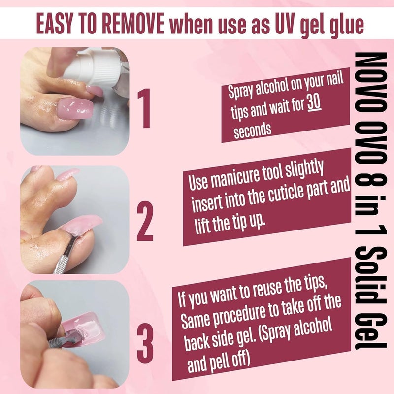 NOVO OVO Non-Sticky Solid Nail UV Gel Glue for Press on and Soft Gel x False Nail Tips 8 in 1, Strong & Long Lasting Nail Glue, Upgrade 3D Gel for Acrylic Sculpture & Decoration, UV Light Cured 30ml - Image 5
