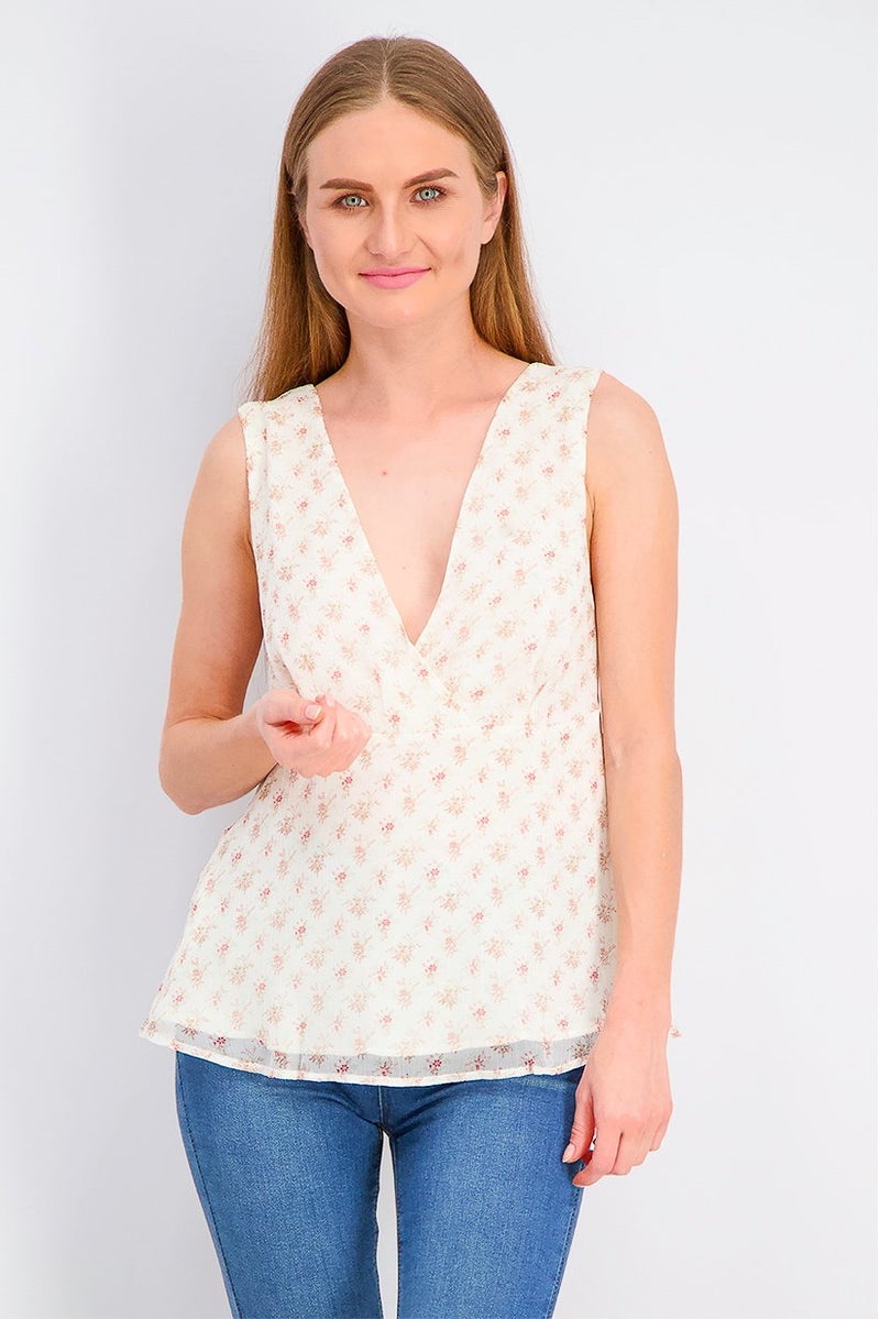 MANGO Women Flowy Floral Top, Off White - Image 1