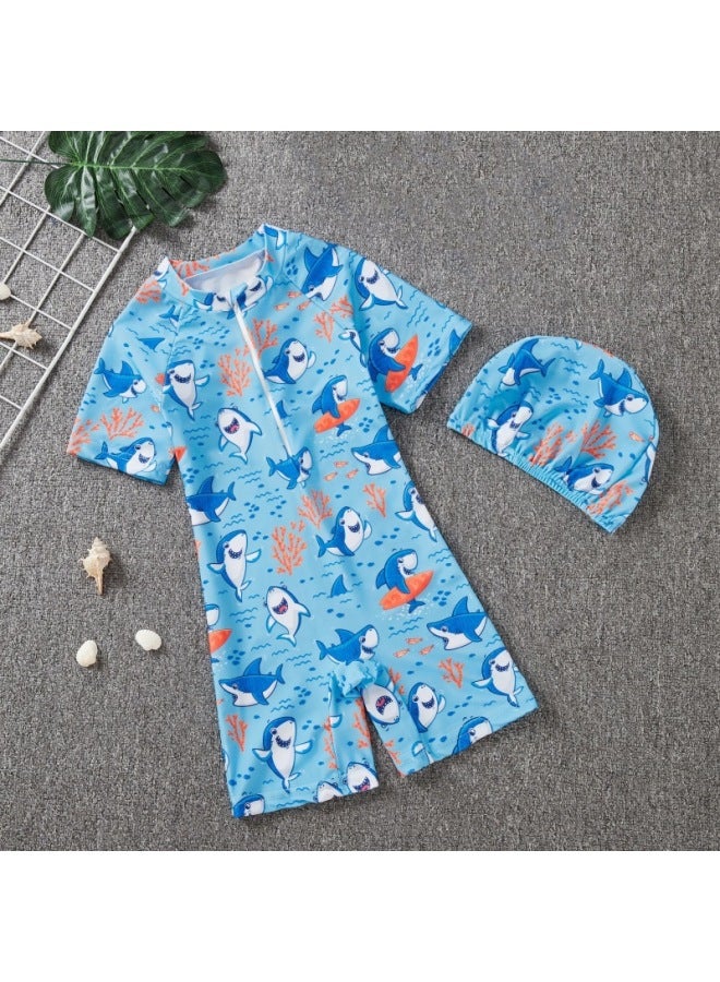 Generic Summer Children's Swimwear Girls' Small And Medium-sized Children's Swimwear Swimwear Cartoon Boys' Short-sleeved Suit-Color:9803 # Swimsuit + Swimming Cap-Size:M 90-100CM  - Image 1