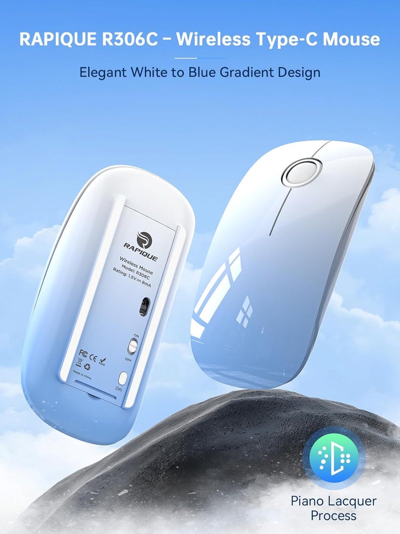 RAPIQUE USB C Wireless Mouse for Type-C Devices, Sky Blue Gradient Slim Mouse, Silent Click, 800/1200/1600 DPI, AA Battery Powered, Portable 2.4GHz Wireless Mouse for MacBook, iPad Pro, Laptop - Image 2