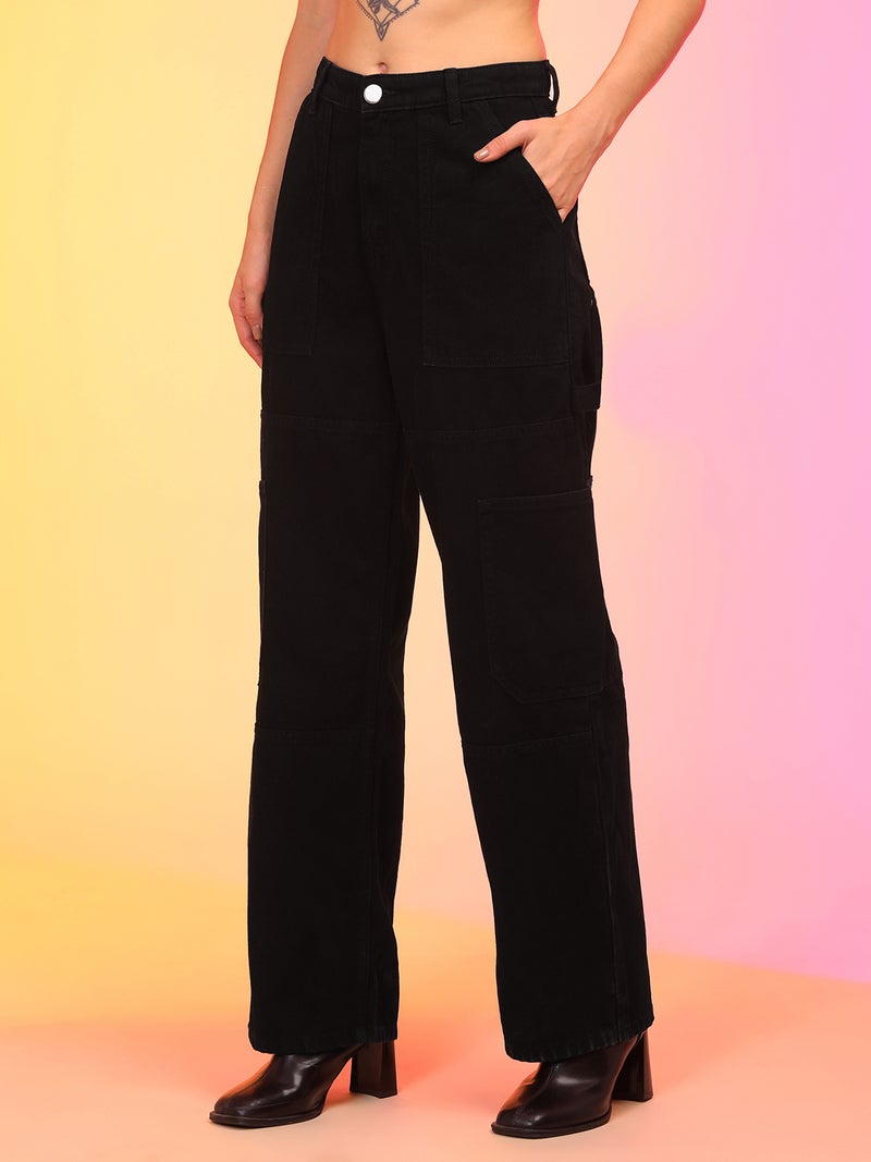 globus Globus Women Black Straight Fit Mid-Rise Clean Look Cargo Style Cotton Jeans  - Image 2