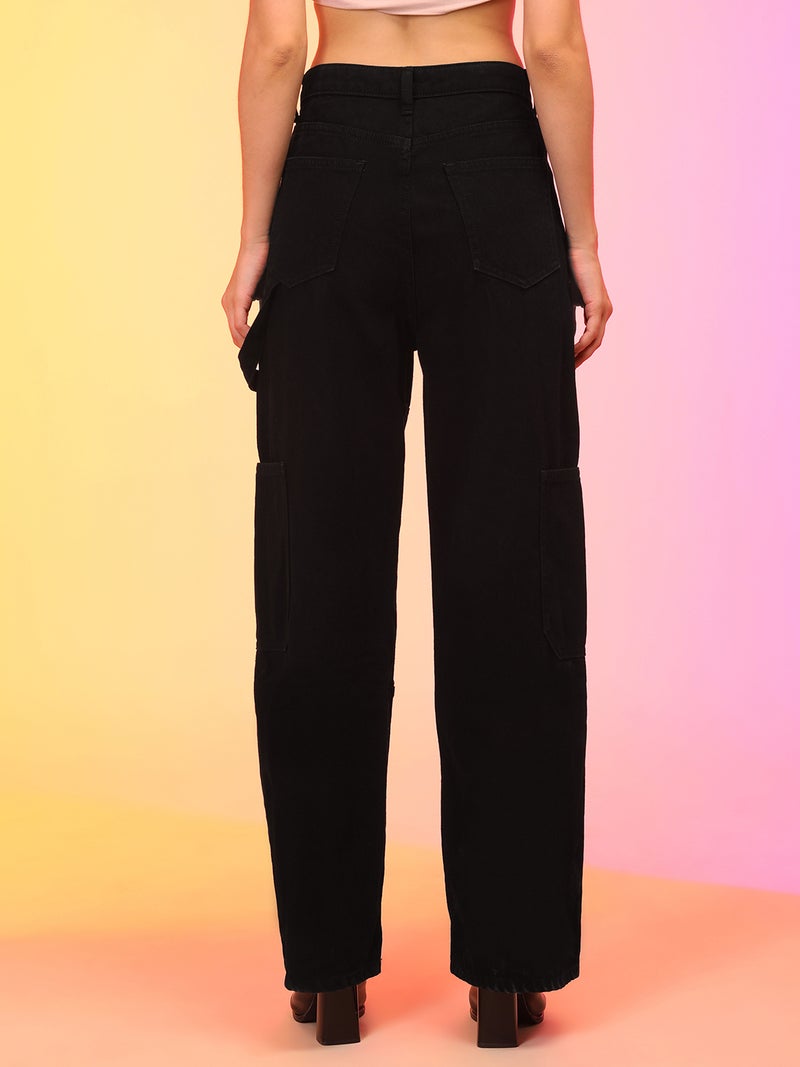 globus Globus Women Black Straight Fit Mid-Rise Clean Look Cargo Style Cotton Jeans  - Image 4