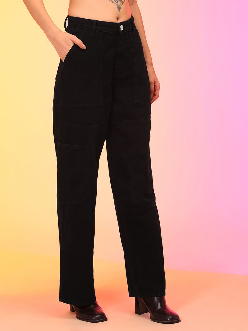 globus Globus Women Black Straight Fit Mid-Rise Clean Look Cargo Style Cotton Jeans  - Image 3