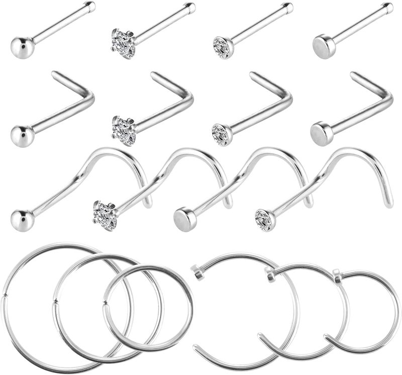 klarako 18PCS Nose Hoop Rings for Women, Nose Stud L Shaped, Surgical Steel Nose Piercing Jewelry, Nose Stud Screw Pack for Women Men (Silver) - Image 1