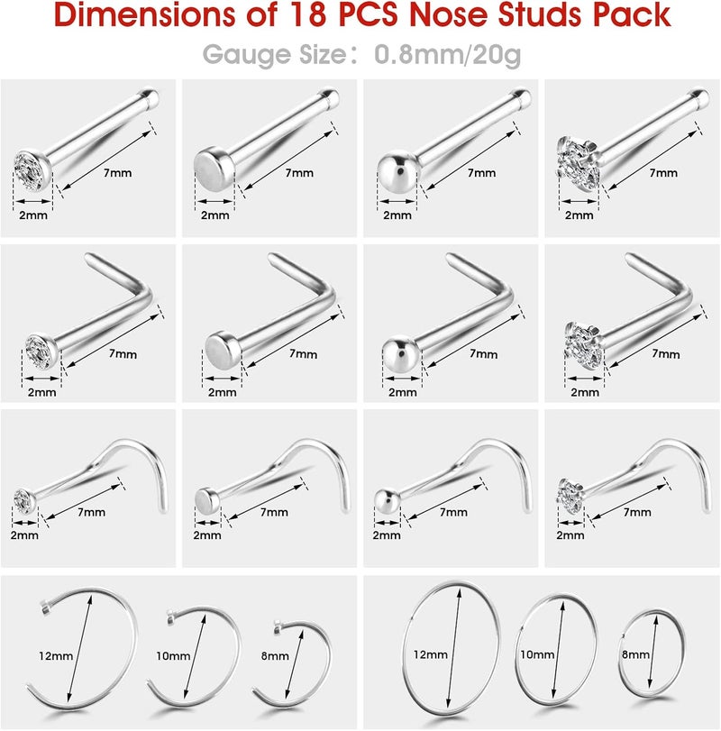 klarako 18PCS Nose Hoop Rings for Women, Nose Stud L Shaped, Surgical Steel Nose Piercing Jewelry, Nose Stud Screw Pack for Women Men (Silver) - Image 2