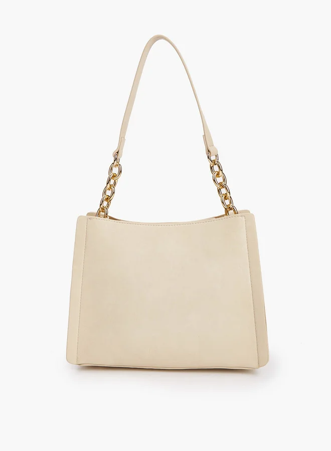 Flora Bella By Shoexpress Solid Tote Bag with Chain Accented Handle and Zip Closure