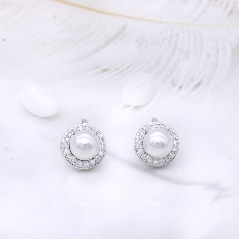YOQUCOL 8mm Simulated Pearl Cubic Zirconia Crystal Clip On Stud Round Non Pierced Earrings For Women - Image 4