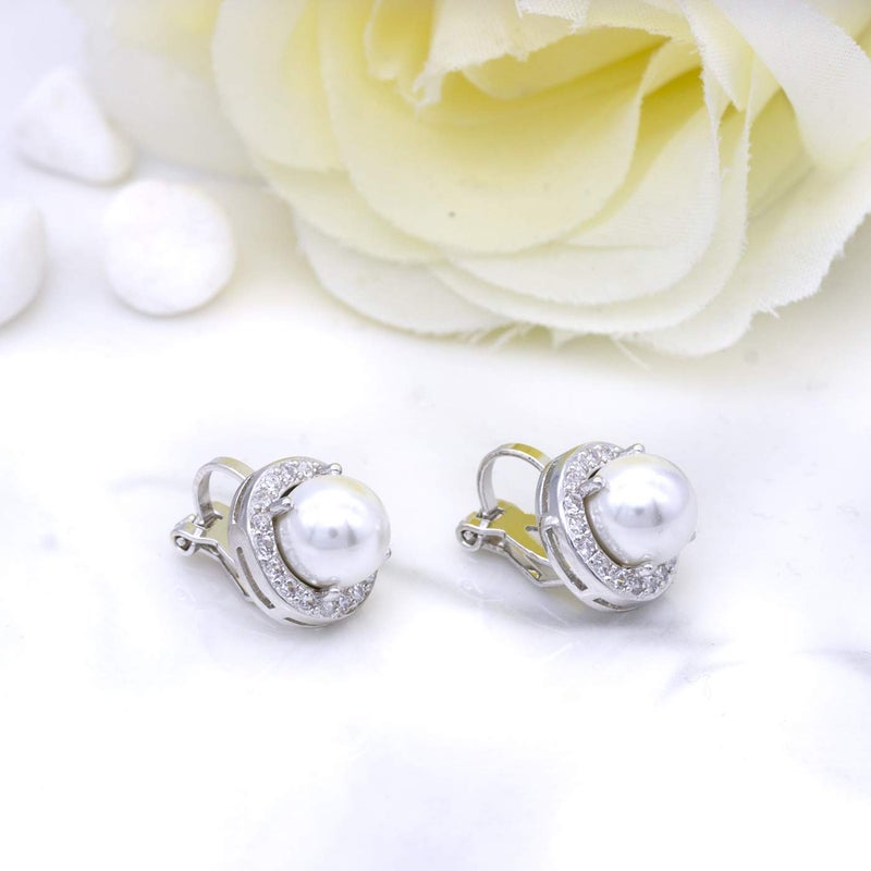 YOQUCOL 8mm Simulated Pearl Cubic Zirconia Crystal Clip On Stud Round Non Pierced Earrings For Women - Image 5