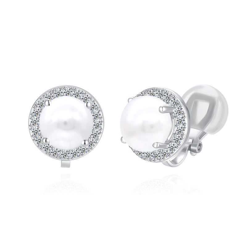 YOQUCOL 8mm Simulated Pearl Cubic Zirconia Crystal Clip On Stud Round Non Pierced Earrings For Women - Image 1