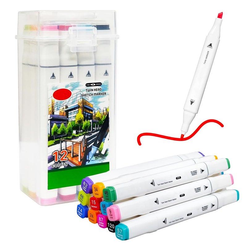 vGRASSP Dual Tip Marker Cum Sketch Pen For Kids And Adults - Alcohol Based Highlighter Pen With Carrying Case - Stationery Set For Coloring, Drawing And Sketching - Multicolor (Box Of 12 Pcs) - Image 1