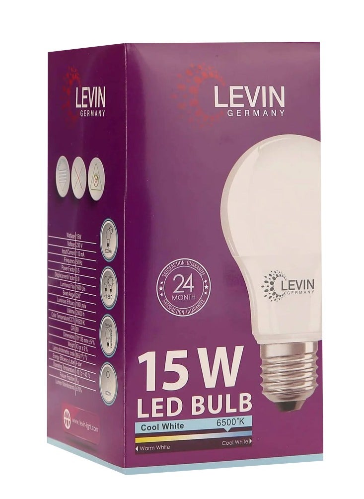 Levin Germany Levin A-Bulb 15W 6500K Daylight LED Bulb E27 220-240V IP20 220° Ø70 x L136, Flicker Free Non-Dimmable, Frosted Finish, Suitable for Residential & Commercial Application  - Image 2