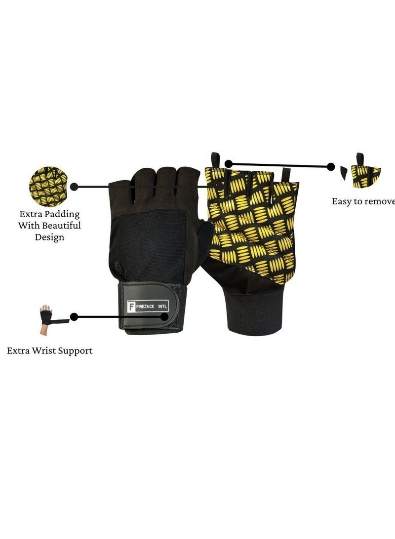 فايرجاك انترناشونال قفازات رياضية للرجال والنساء قفازات تمرين لرفع الأثقال وركوب الدراجات والتدريب أسود / أصفر XL - Image 2