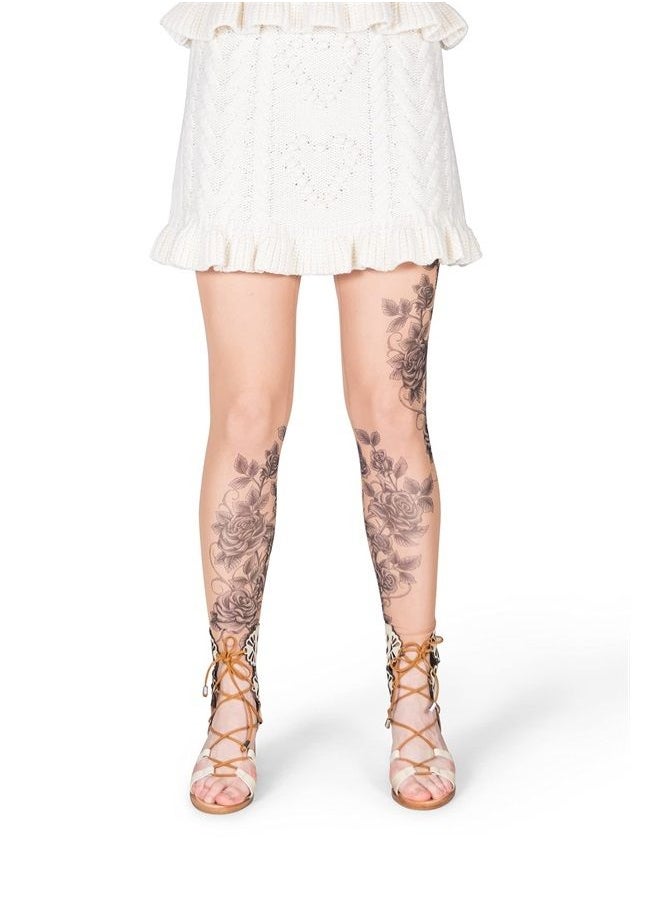 WILD ROSE - Ladies Grey Roses Tattoo Mesh Leggings, Tan, XX-Large - Image 1