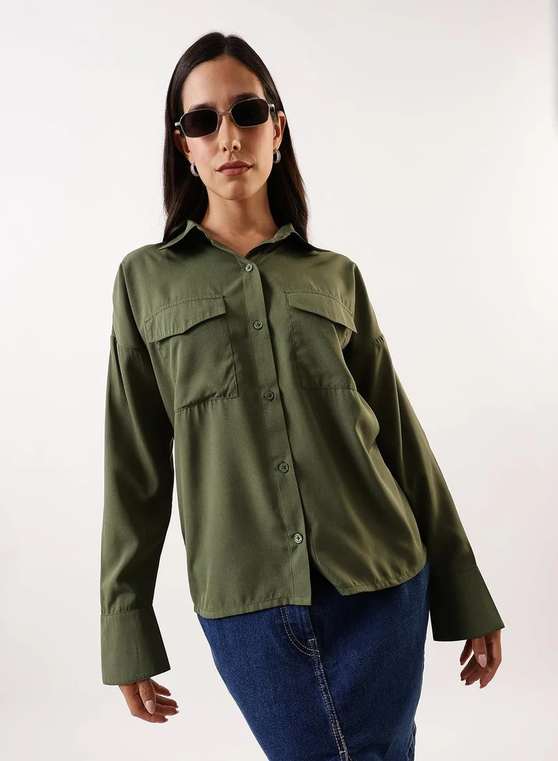 Dennis Lingo Women's Bronze Green Poly Crepe Solid Button Down Regular Fit Shirt