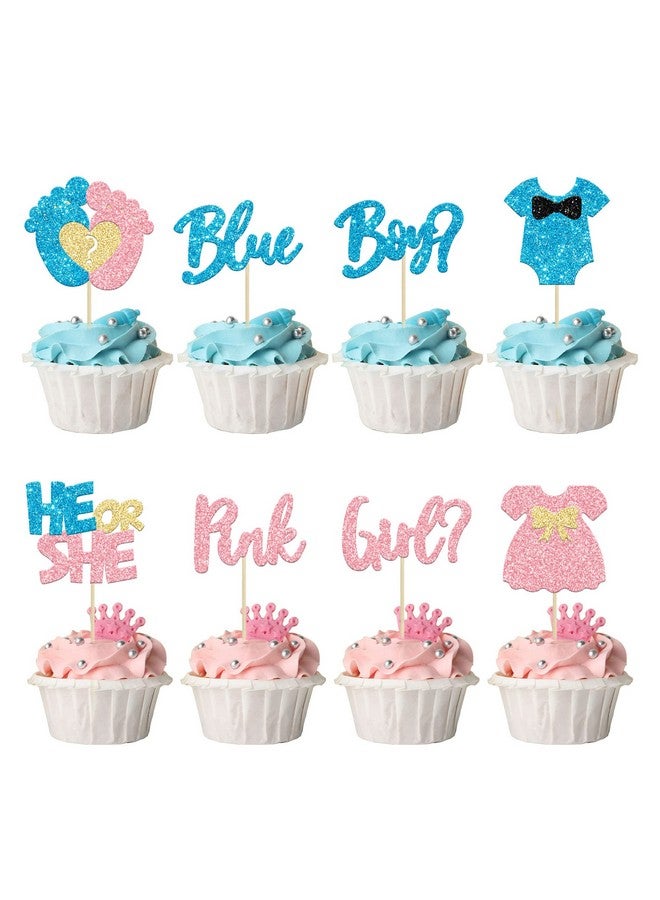 Ephlyn 24Pcs Boy or Girl Cupcake Toppers Glitter Feet Onesie Dress Gender Reveal Cupcake Picks Pink or Blue Cake Decorations for Baby Shower Gender Reveal Kids Birthday Party Supplies - Image 1