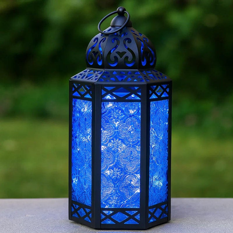 VELA LANTERNS 12 Black Metal Moroccan Decorative LED Fairy Lights Candle Lantern Holders for Hanging or Table Indoor Home Decor Outdoor Patio or Porch Weddings Blue Glass Large