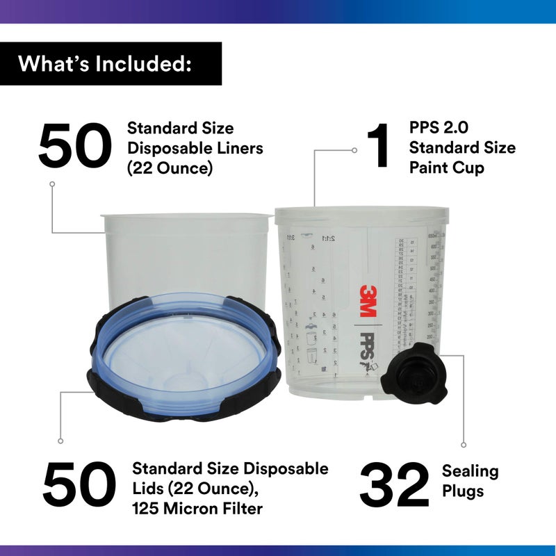 3M PPS 2.0 Spray Gun Cup, Lids and Liners Kit, 26301, Standard, 22 Ounces, 125-Micron Filter, Use for Cars, Furniture, House and More, 1 Paint Cup, 50 Disposable Lids and Liners, 32 Sealing Plugs - Image 2