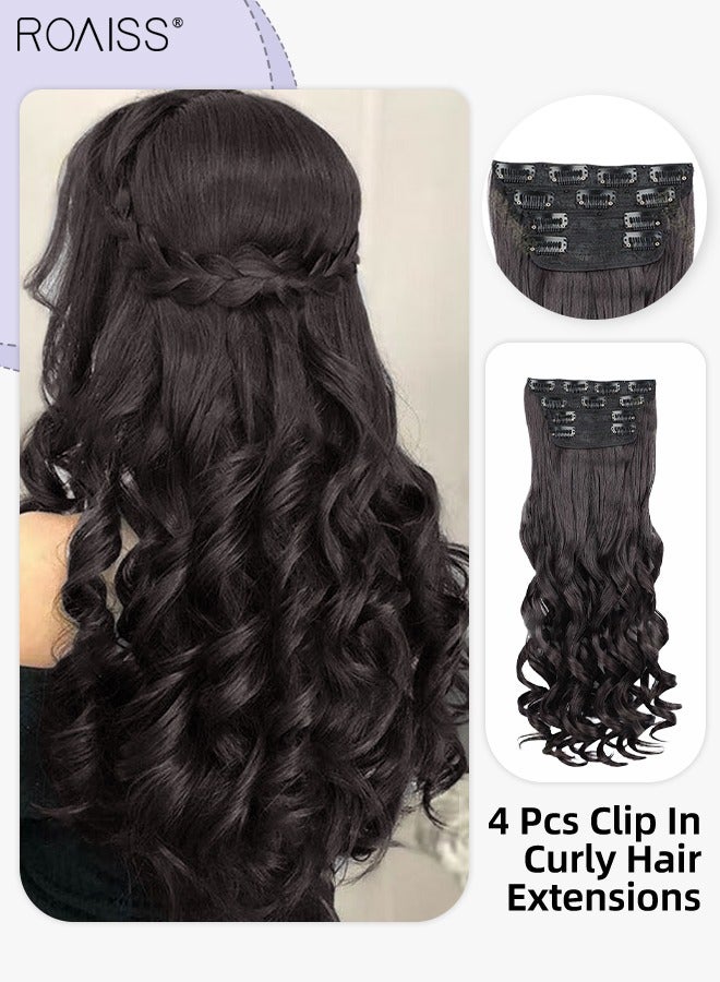 رويس 4 قطع من وصلات الشعر المجعدة غير المرئية القابلة للتعديل، شعر صناعي طويل مقاوم للحرارة للنساء والفتيات، بني أسود، 51 سم (20 بوصة) - Image 1