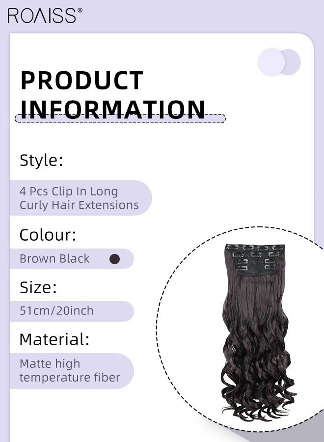 رويس 4 قطع من وصلات الشعر المجعدة غير المرئية القابلة للتعديل، شعر صناعي طويل مقاوم للحرارة للنساء والفتيات، بني أسود، 51 سم (20 بوصة) - Image 3