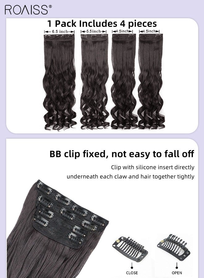 رويس 4 قطع من وصلات الشعر المجعدة غير المرئية القابلة للتعديل، شعر صناعي طويل مقاوم للحرارة للنساء والفتيات، بني أسود، 51 سم (20 بوصة) - Image 5