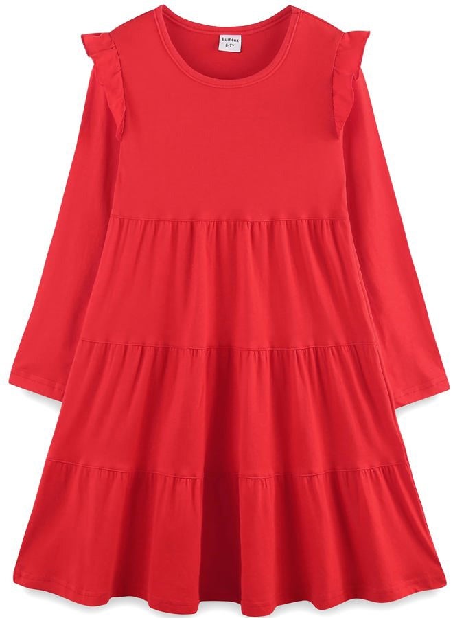 Bumeex Big Kids Tween Girl's Fall Dress Christmas Red Long Sleeve Cotton Casual Spring Swing Twirly Dresses Clothes Outfits Clothing 8-9 Years - Image 1