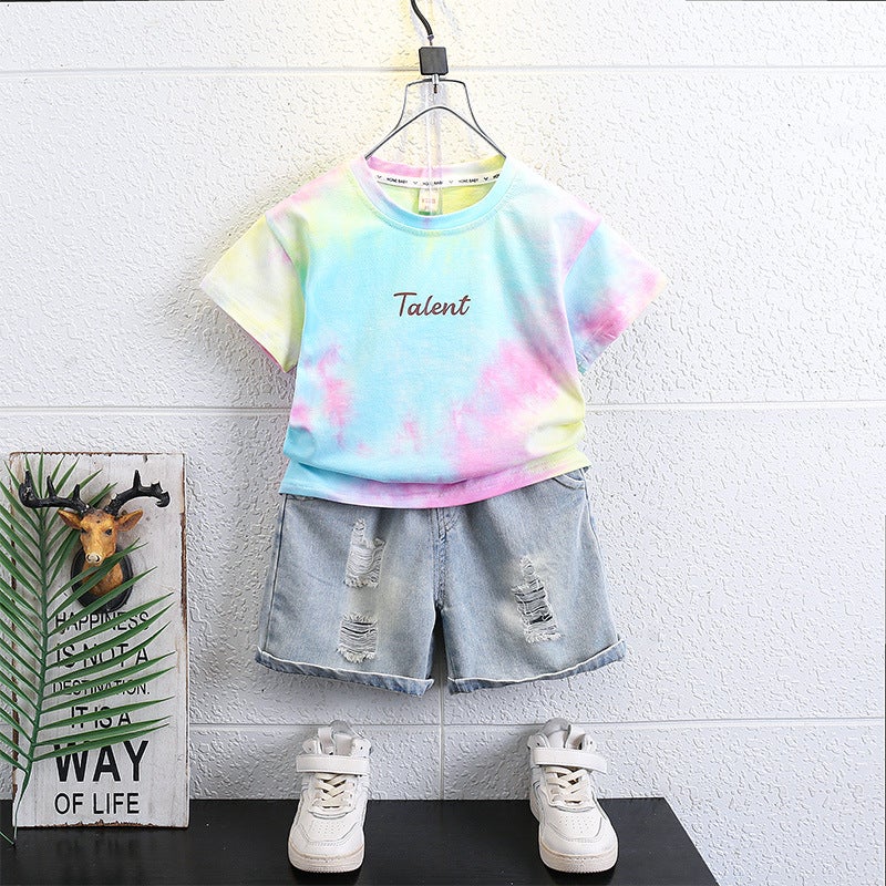 Boys Tie-Dye Short-Sleeved Suit 2025 T-Shirt Handsome Boy Jeans Kidsren'S Summer Clothes T - Image 1