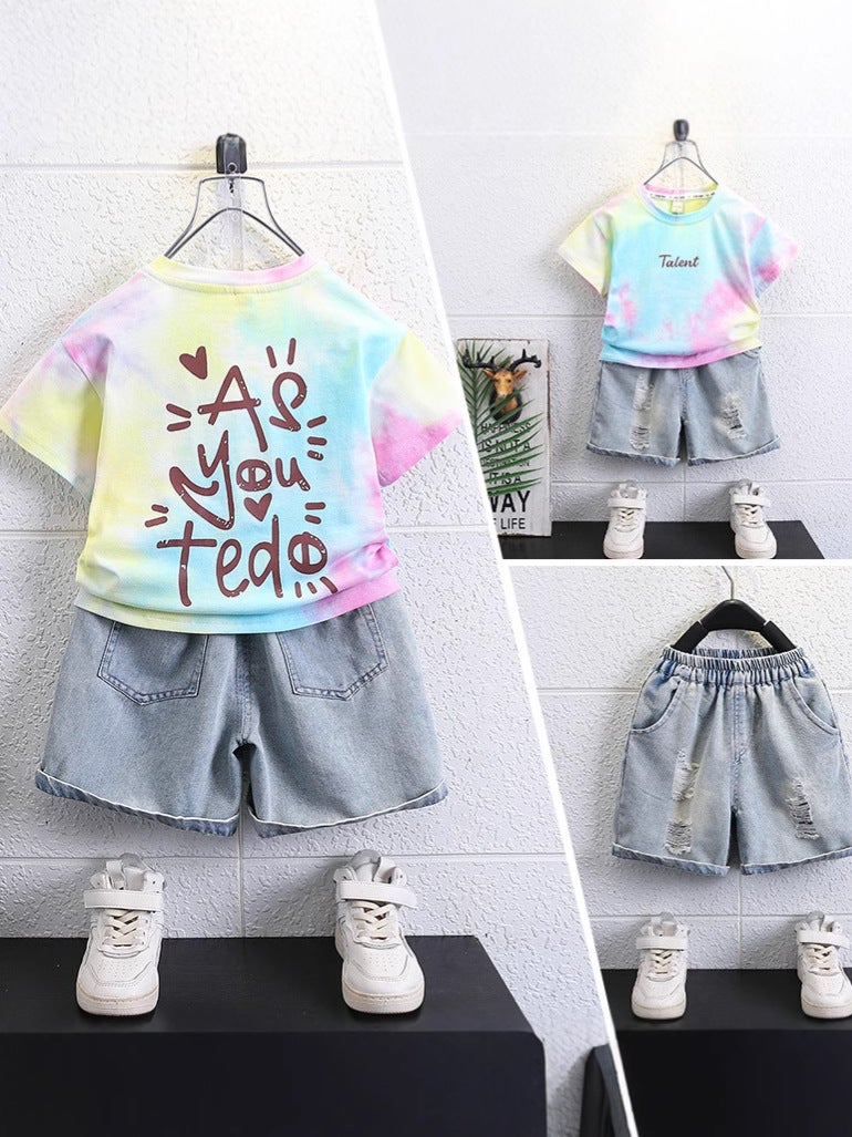 Boys Tie-Dye Short-Sleeved Suit 2025 T-Shirt Handsome Boy Jeans Kidsren'S Summer Clothes T - Image 2
