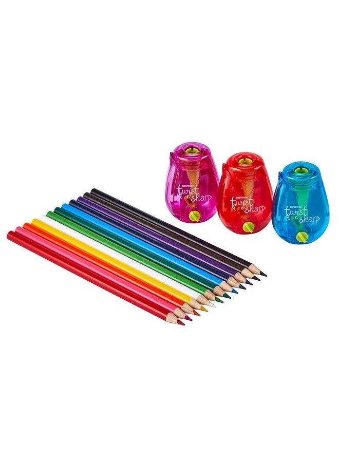 Bostitch Office Twistnsharp Manual Pencil Sharpener 3Pack With 12 Colored Pencils For Kids Activities Or Adult Coloring  - Image 2