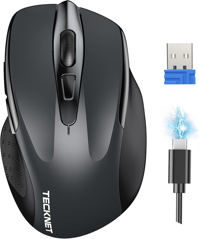 TECKNET Wireless Mouse (BT5.0/3.0 & 2.4G) Rechargeable 4800 DPI Silent USB A & Bluetooth Mouse 6 Buttons, Wide Compatibility - Grey - Image 1