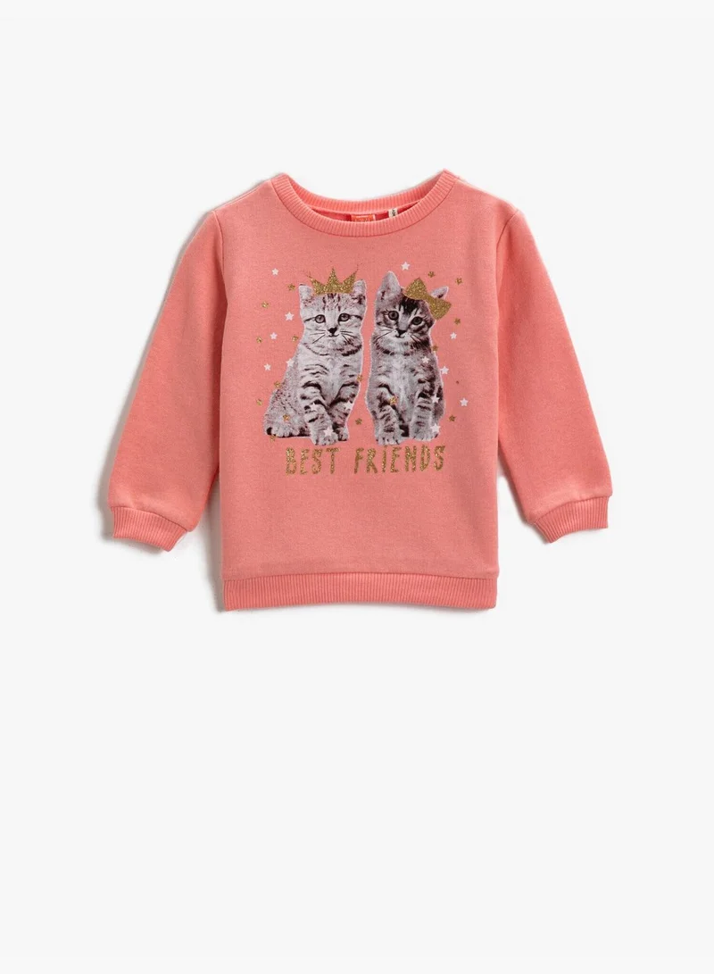 KOTON Cotton Cat Printed Crew Neck Long Sleeve Sweatshirt