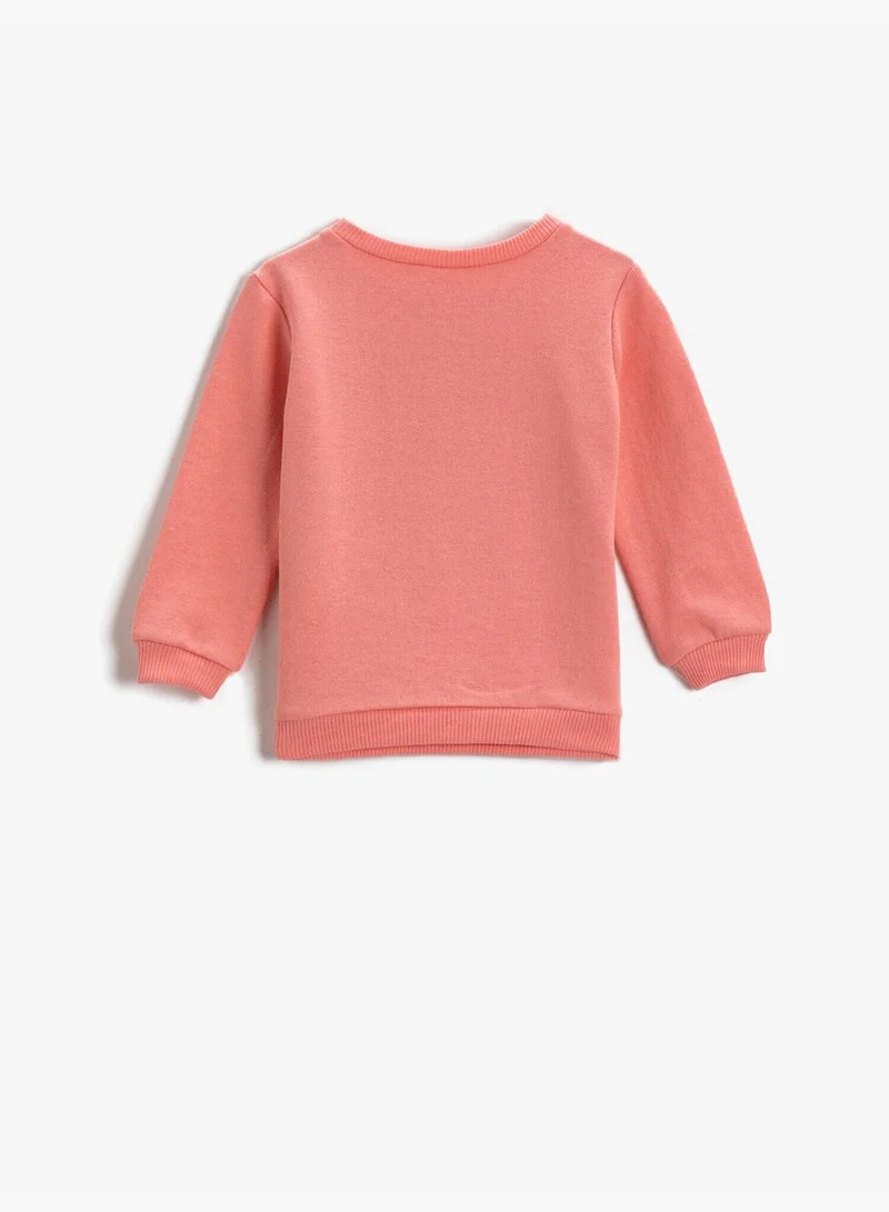 KOTON Cotton Cat Printed Crew Neck Long Sleeve Sweatshirt