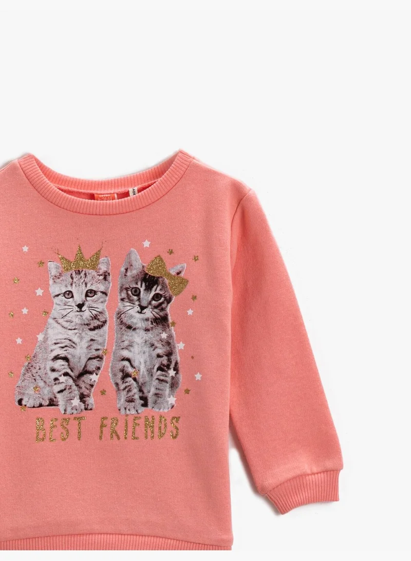 KOTON Cotton Cat Printed Crew Neck Long Sleeve Sweatshirt