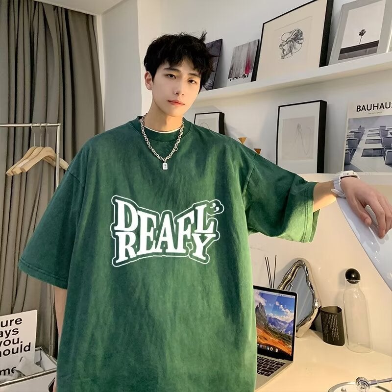 Heavy Cotton Short-sleeved T-shirt Boys Summer Washed Vintage Dressed Station Fashion Brand Half-sleeved T-shirt