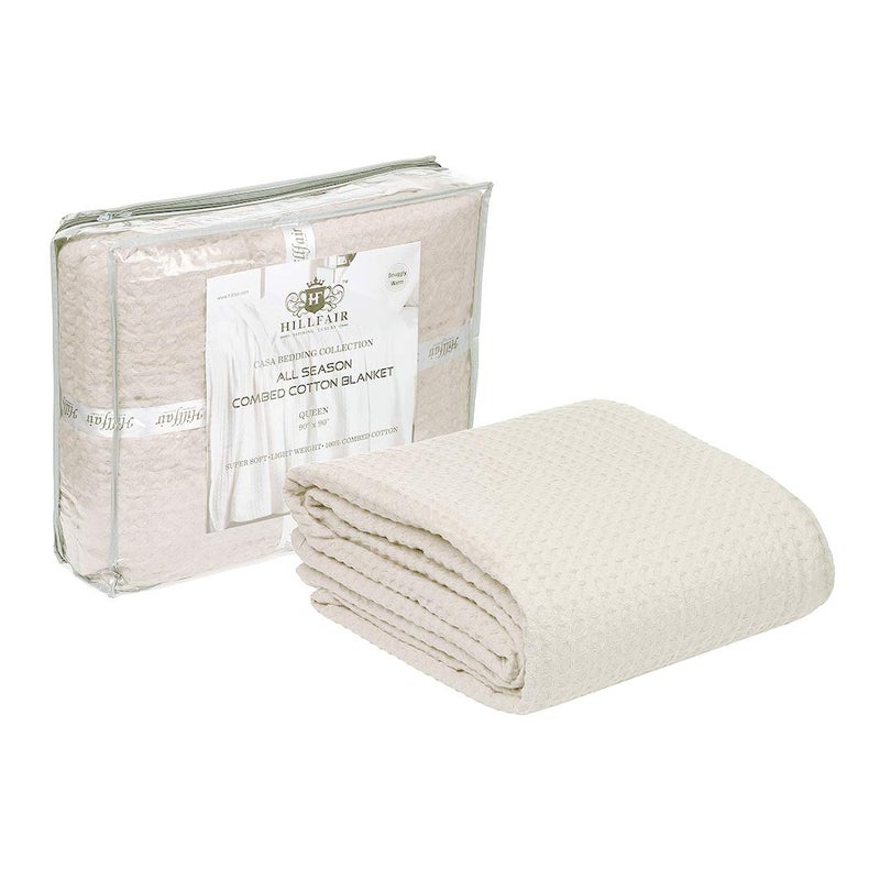 HILLFAIR 100% Combed Cotton Blanketâ€“ King Size Bed Blanketsâ€“ Warm Soft All Season Breathable Lightweight Summer Blanketsâ€“ Waffle Weave Home Decor Bed Blanket- Ivory King Bed Cotton Blankets/Bedcovers - Image 1