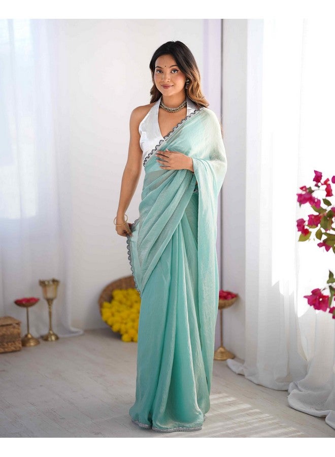 Shiv Textiles Women's Net Lace Border Saree(KLS-5022-TEAL) - Image 2