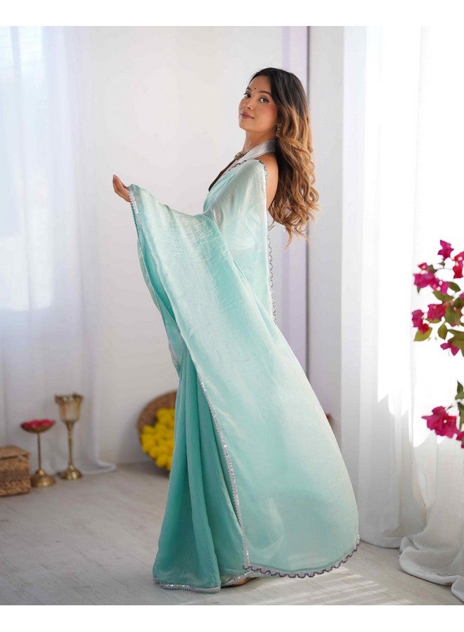 Shiv Textiles Women's Net Lace Border Saree(KLS-5022-TEAL) - Image 5