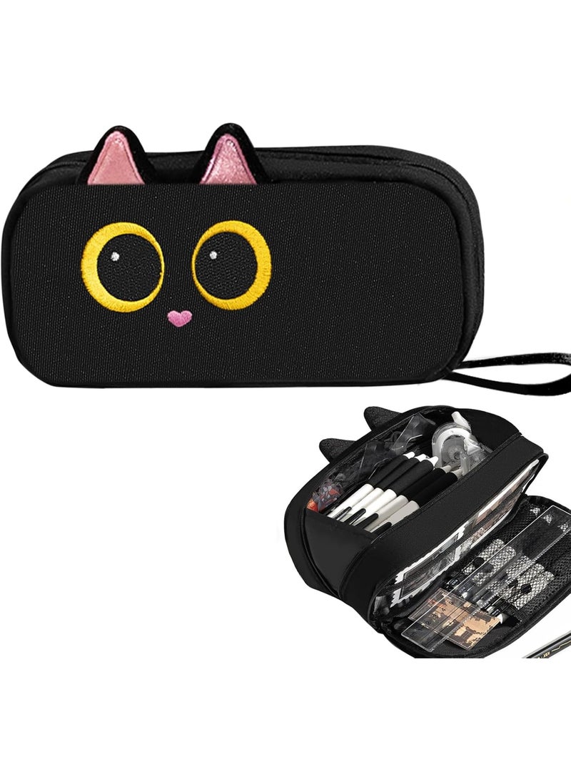 Large Capacity Pencil Case, 3D Cat Pencil Pouch for Girls Boys, Pen Bags Stationery Organizer for School Office College Teens Kids, Gift for Back to Shcool Christmas, Black - Image 1