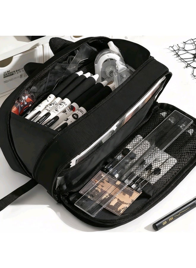 Large Capacity Pencil Case, 3D Cat Pencil Pouch for Girls Boys, Pen Bags Stationery Organizer for School Office College Teens Kids, Gift for Back to Shcool Christmas, Black - Image 2