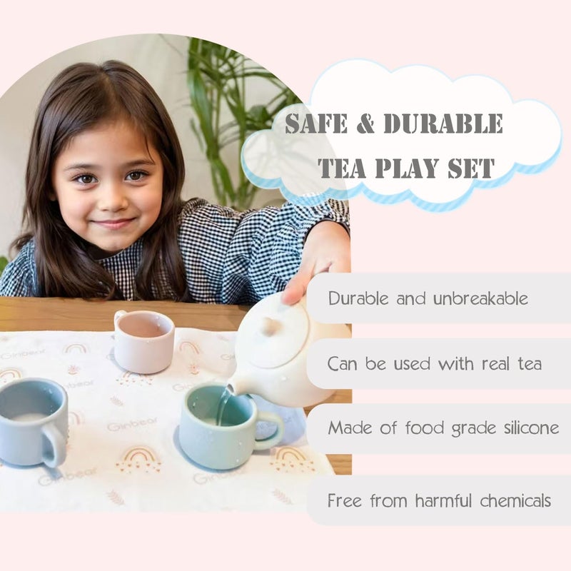 Ginbear Silicone Play Kitchen Tea Set with Washable Cloth Napkin for Toddlers & Kids 1-3, Non-Toxic Unbreakable Baby Bath Toys for Children 12 Months+ (Beige, Blue, Green, Rosy) - Image 2