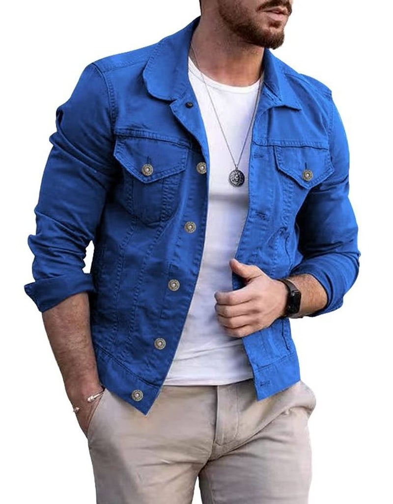 CHARTOU Mens Denim Jacket Casual Regular Fit Button Down Long Sleeve Jean Trucker Jacket Small Blue