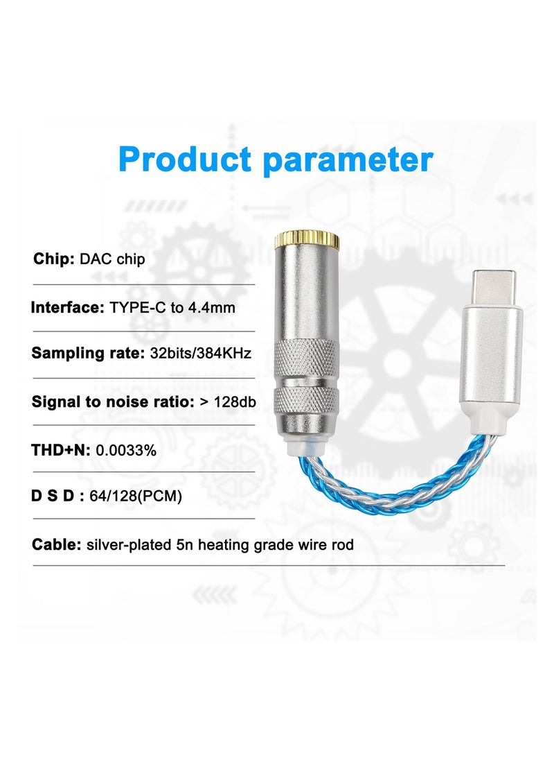 SYOSI - USB Type C to 4.4mm Balanced DAC Audio Adapter, Portable USB C Male to 4.4mm Female HiFi Headphone Jack Amp PCM 32bit/384kHz with 5N Single Crystal Silver Aux Cable for Type C Devices - Image 1