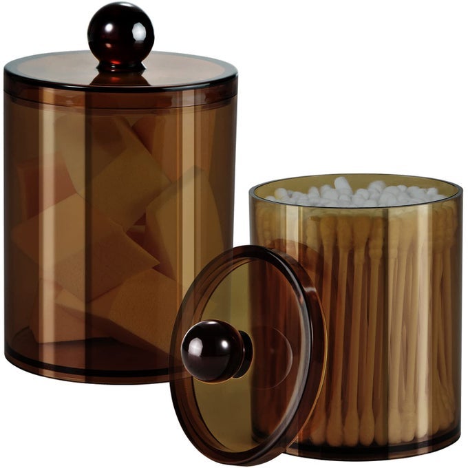 2 PACK OF 12 OZ SMALL CLEAR PLASTIC APOTHECARY JAR QTIP DISPENSER HOLDER BATHROOM VANITY STORAGE CANISTER ACRYLIC JAR FOR COTTON BALLCOTTON SWABQTIPSCOTTON ROUNDS BRONZE